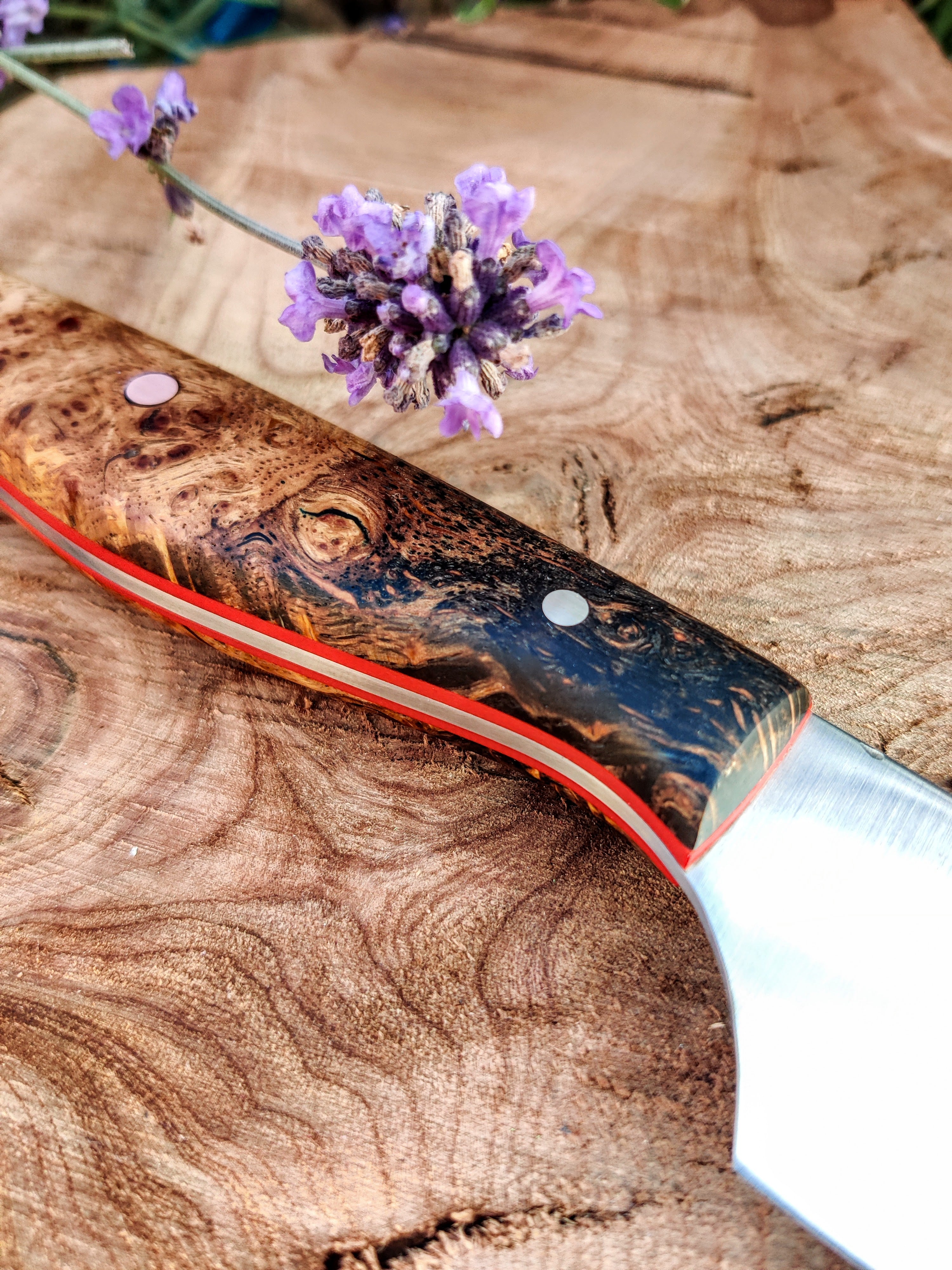 stainless cooks knife with irish oak burl