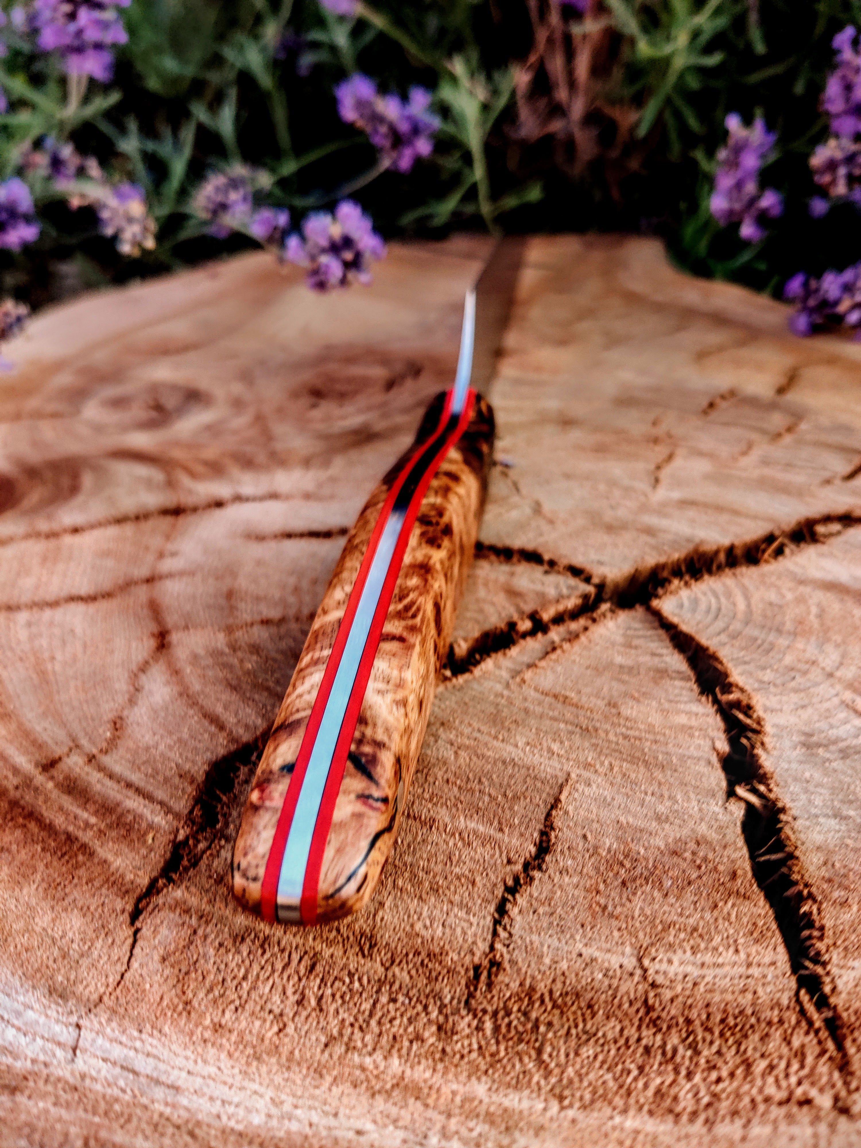 stainless cooks knife with irish oak burl